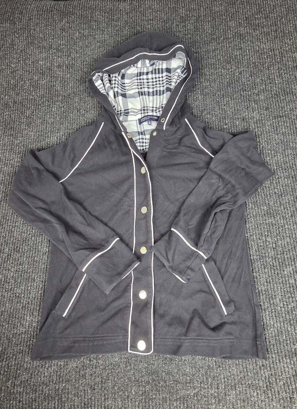 Jones New York Signature Size M Black Plaid Lined Hoodie Jacket